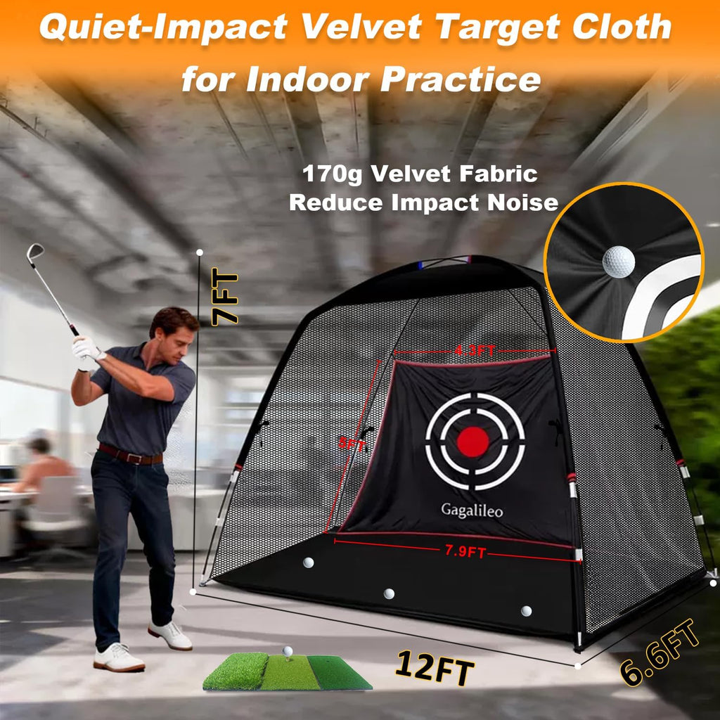 Golf Hitting Net for Backyard Driving 12X7Ft with Quiet Target | Portable Velvet Impact Equipment; Broad Catching Area; Suited to Chipping and Garage Swing Sessions Black