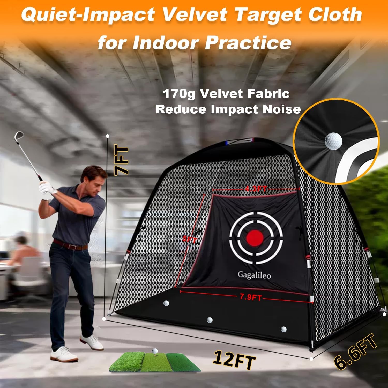 Golf Hitting Net for Backyard Driving 12X7Ft with Quiet Target | Portable Velvet Impact Equipment; Broad Catching Area; Suited to Chipping and Garage Swing Sessions Black