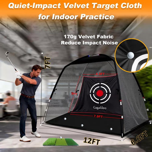 Golf Hitting Net for Backyard Driving 12X7Ft with Quiet Target | Portable Velvet Impact Equipment; Broad Catching Area; Suited to Chipping and Garage Swing Sessions Black