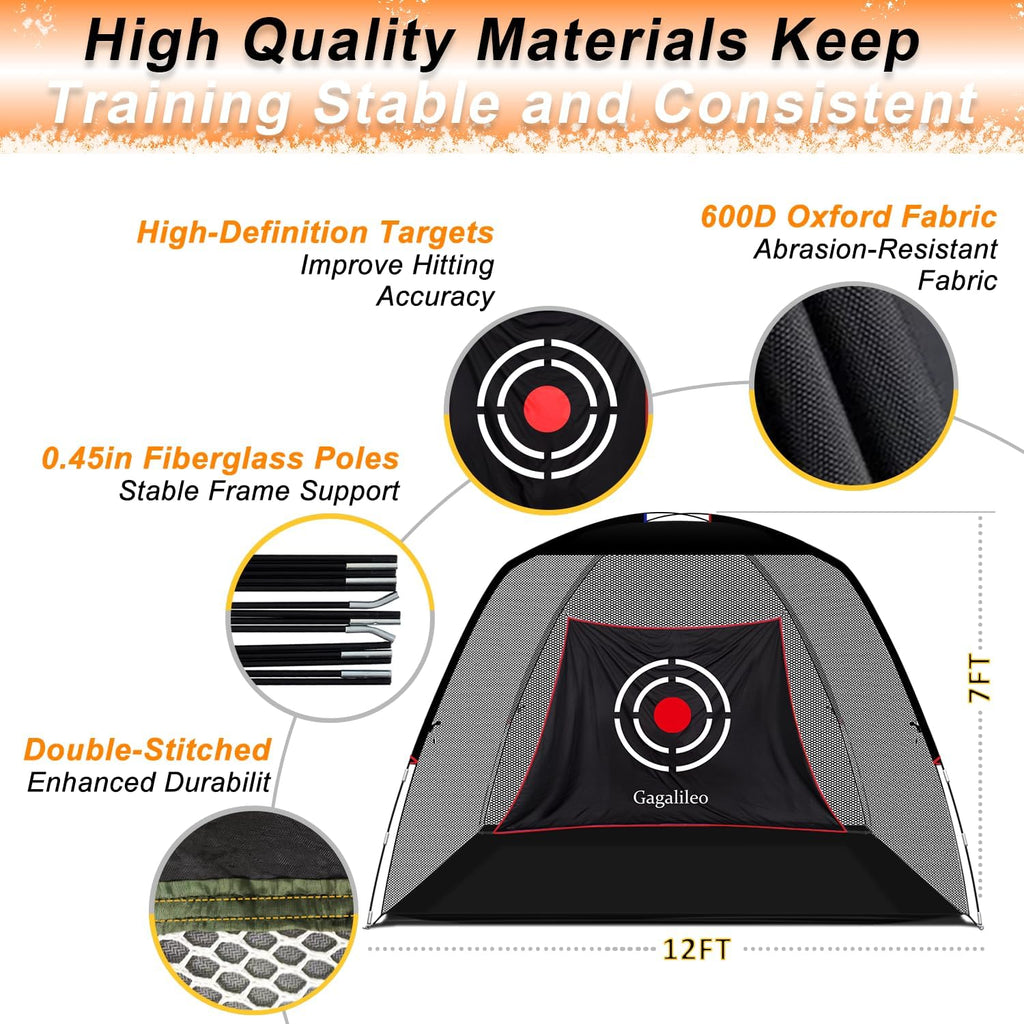 Golf Hitting Net for Backyard Driving 12X7Ft with Quiet Target | Portable Velvet Impact Equipment; Broad Catching Area; Suited to Chipping and Garage Swing Sessions Black