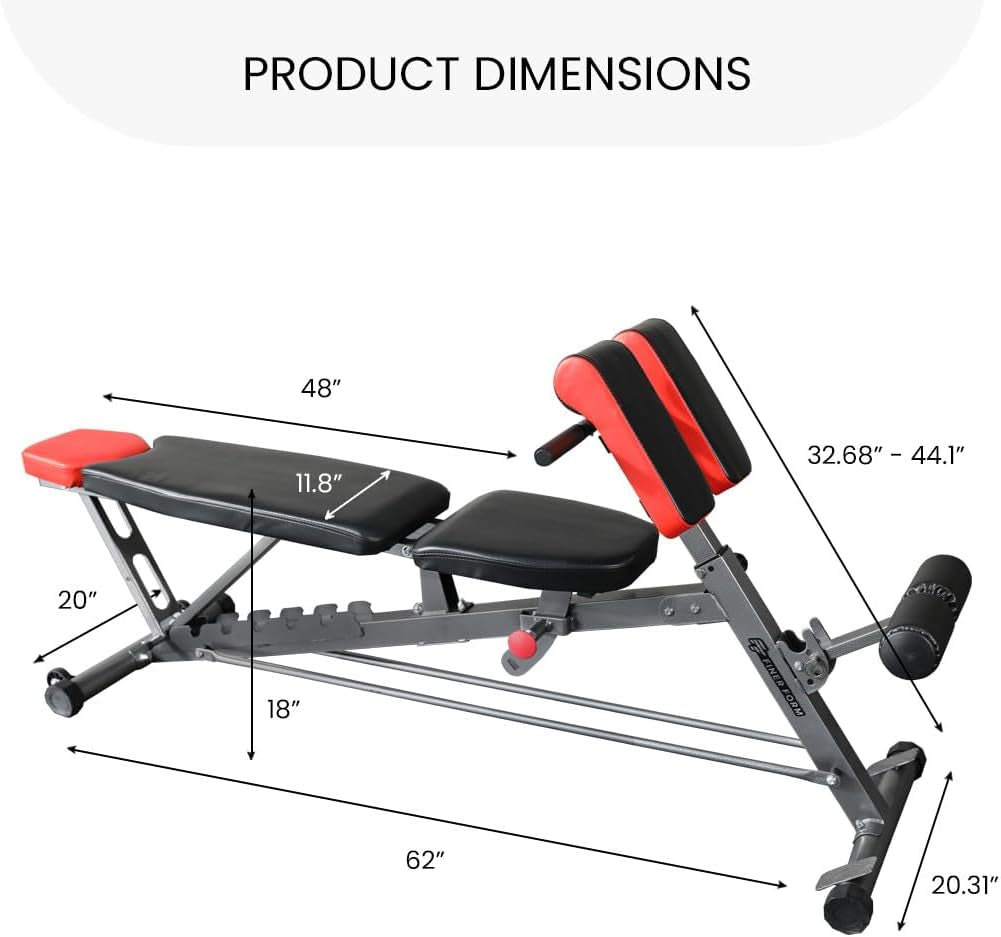 Finer Form Multi-Functional Adjustable FID Weight Bench and Roman Chair | 1,000 Lb Capacity, 23 Settings, Flat Incline Decline for Total Body Workouts, Transport Wheels, Exercise Chart Included