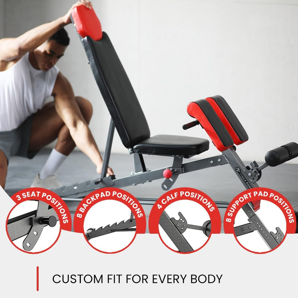 Finer Form Multi-Functional Adjustable FID Weight Bench and Roman Chair | 1,000 Lb Capacity, 23 Settings, Flat Incline Decline for Total Body Workouts, Transport Wheels, Exercise Chart Included