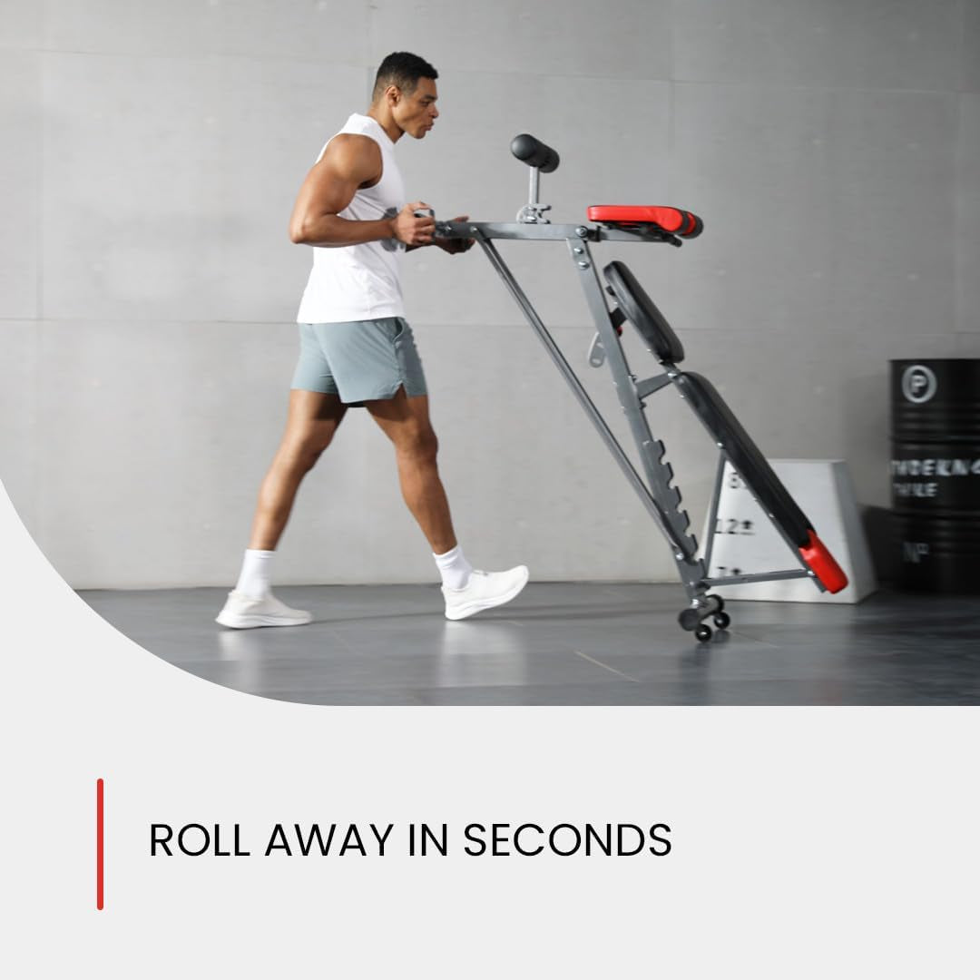 Finer Form Multi-Functional Adjustable FID Weight Bench and Roman Chair | 1,000 Lb Capacity, 23 Settings, Flat Incline Decline for Total Body Workouts, Transport Wheels, Exercise Chart Included